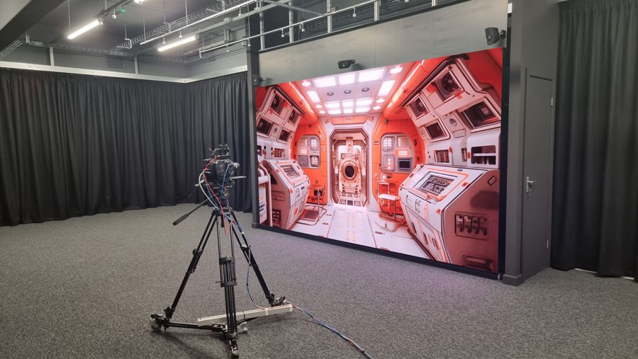 The multi-view LED Powerwall at Newcastle College with a camera on a tripod in front